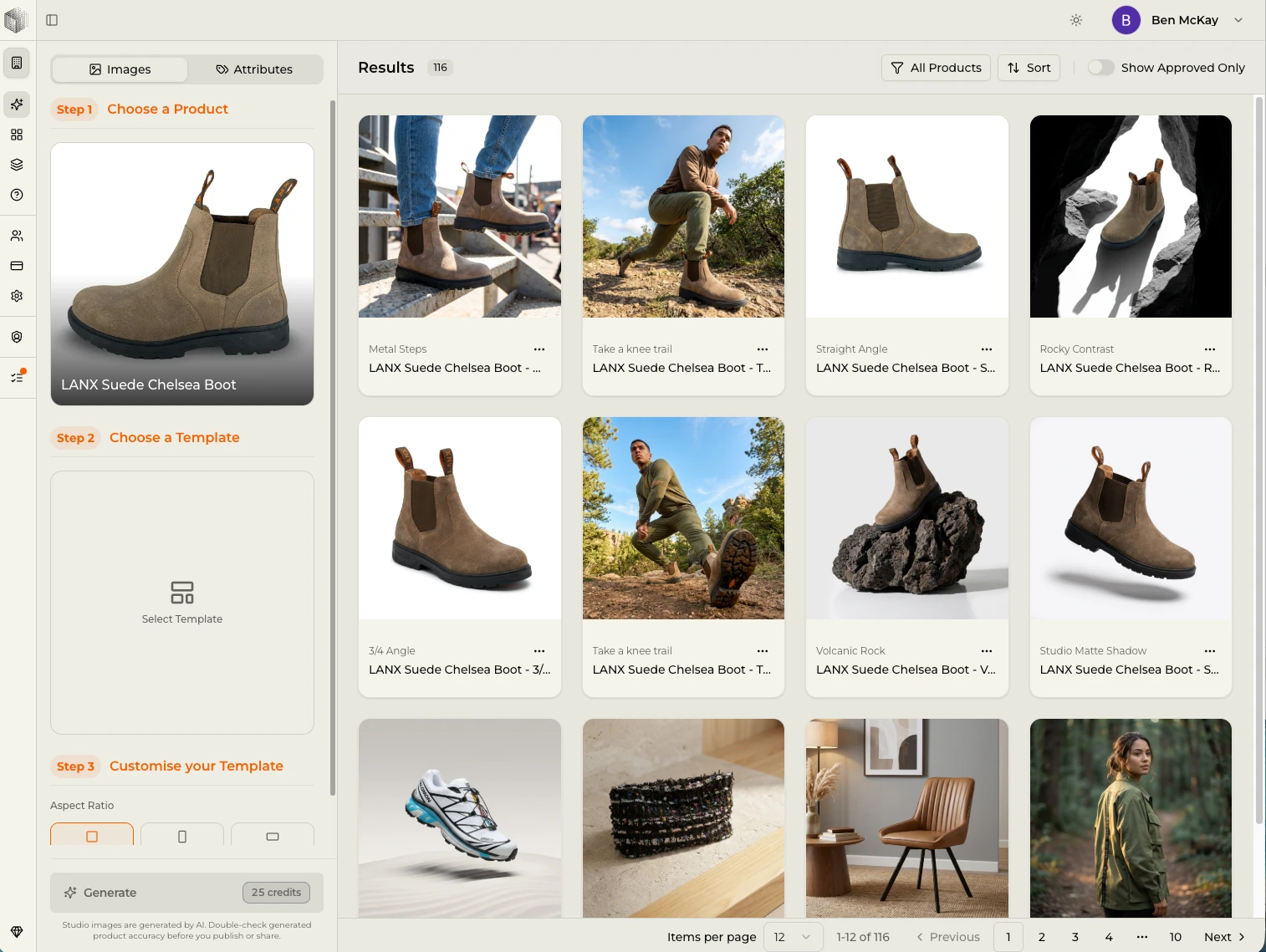 Voxelo AI Studio generating product and lifestyle imagery from a single 3D twin of a suede Chelsea boot, the content engine behind 3D for ecommerce