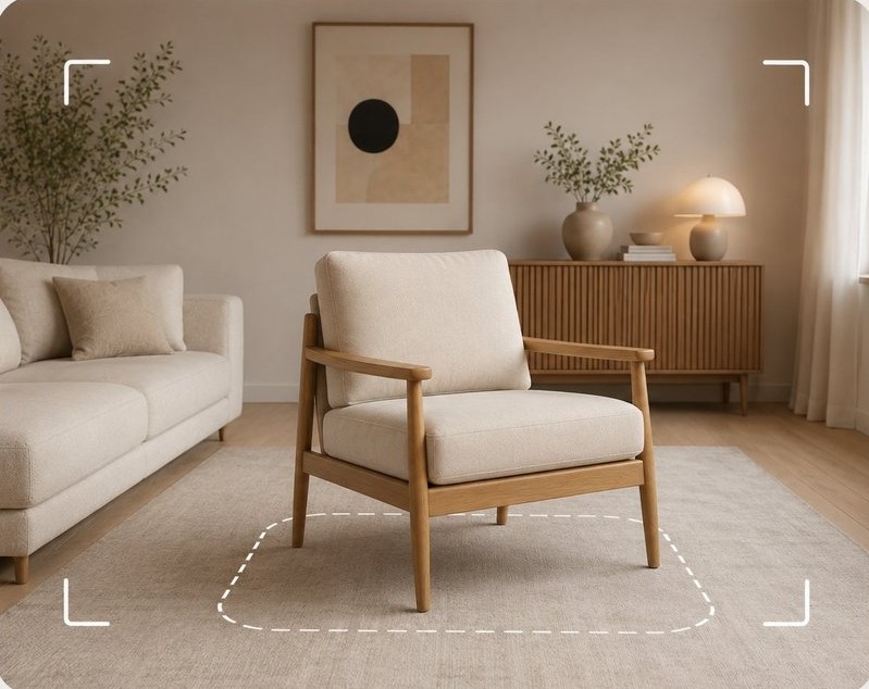 An armchair placed at true scale in a living room, framed by AR placement brackets