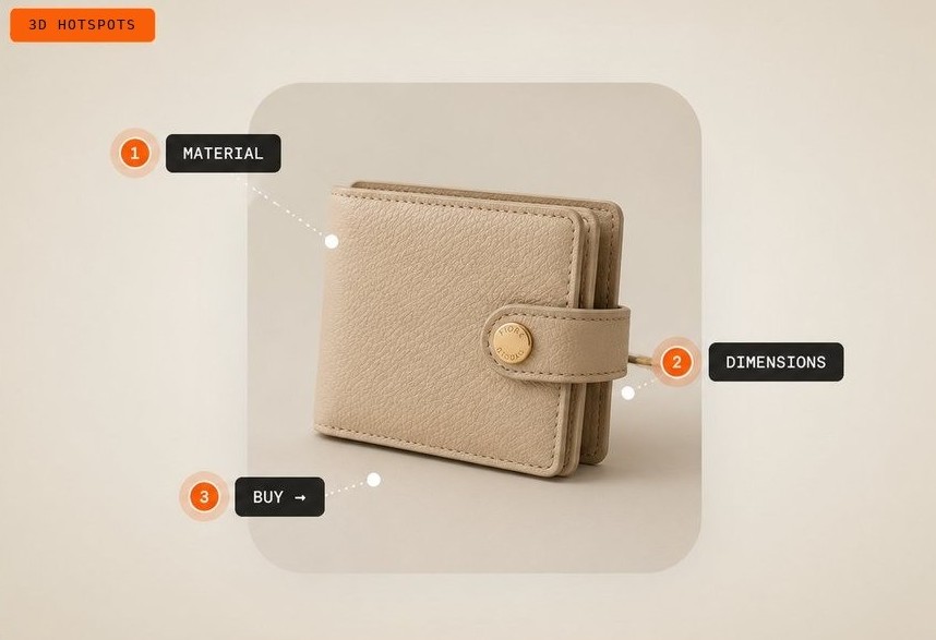 An annotated 3D wallet with interactive hotspots labelling its material, dimensions and a buy action